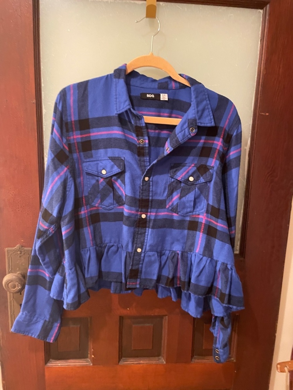 BDG Blue and Black Plaid Ruffle-Hem Button Front Shirt